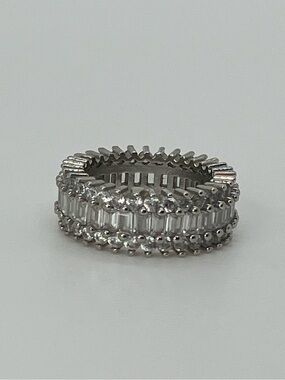 Vtg 925 Sterling Silver Triple Row Clear CZ Eternity Band Ring